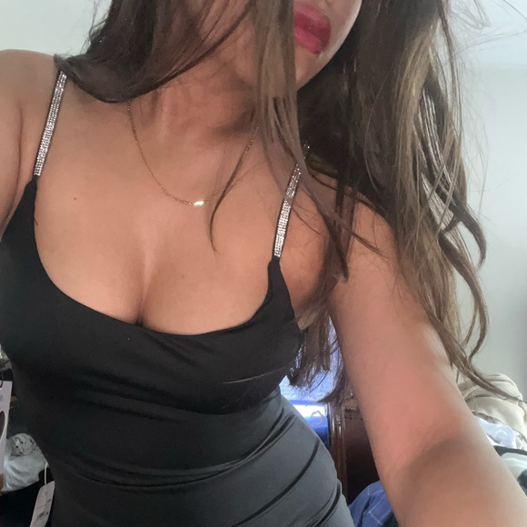 Slim Black Fitted Dress with Rhinestone Straps - Picture 1 of 3